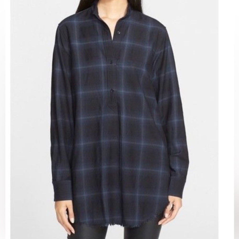 Helmut Lang Plaid Wool +Cashmere Distressed Plaid Blouse